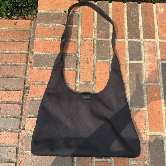 Vintage DKNY Black Canvas & Leather Shoulder Bag | Y2K Logo Hobo Tote - Picture 5 of 10